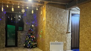 A room with wooden flooring, a Christmas tree, and a radiator. - Cloudnestbakhmaro (Bakhmaro)