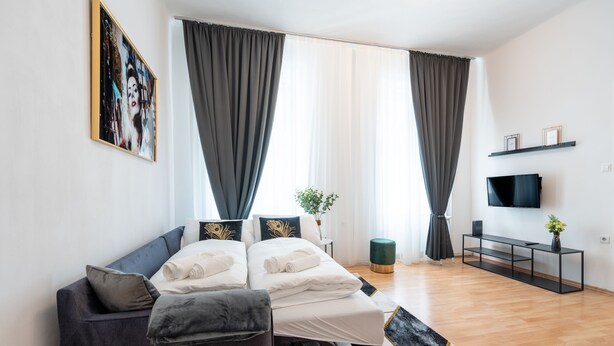 Ett modernt sovrum med en säng, en soffa, en tv och en växt.