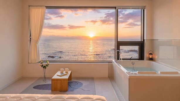 A room with a large window overlooking the sea at sunset, a bathtub, a small table with cups, and a vase with flowers. - Donghae Neulbadarang Ocean View Pension (Donghae)