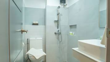 Shower, bidet, towels, toilet paper