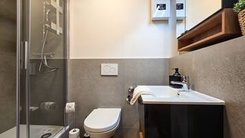 Shower, hair dryer, towels, toilet paper