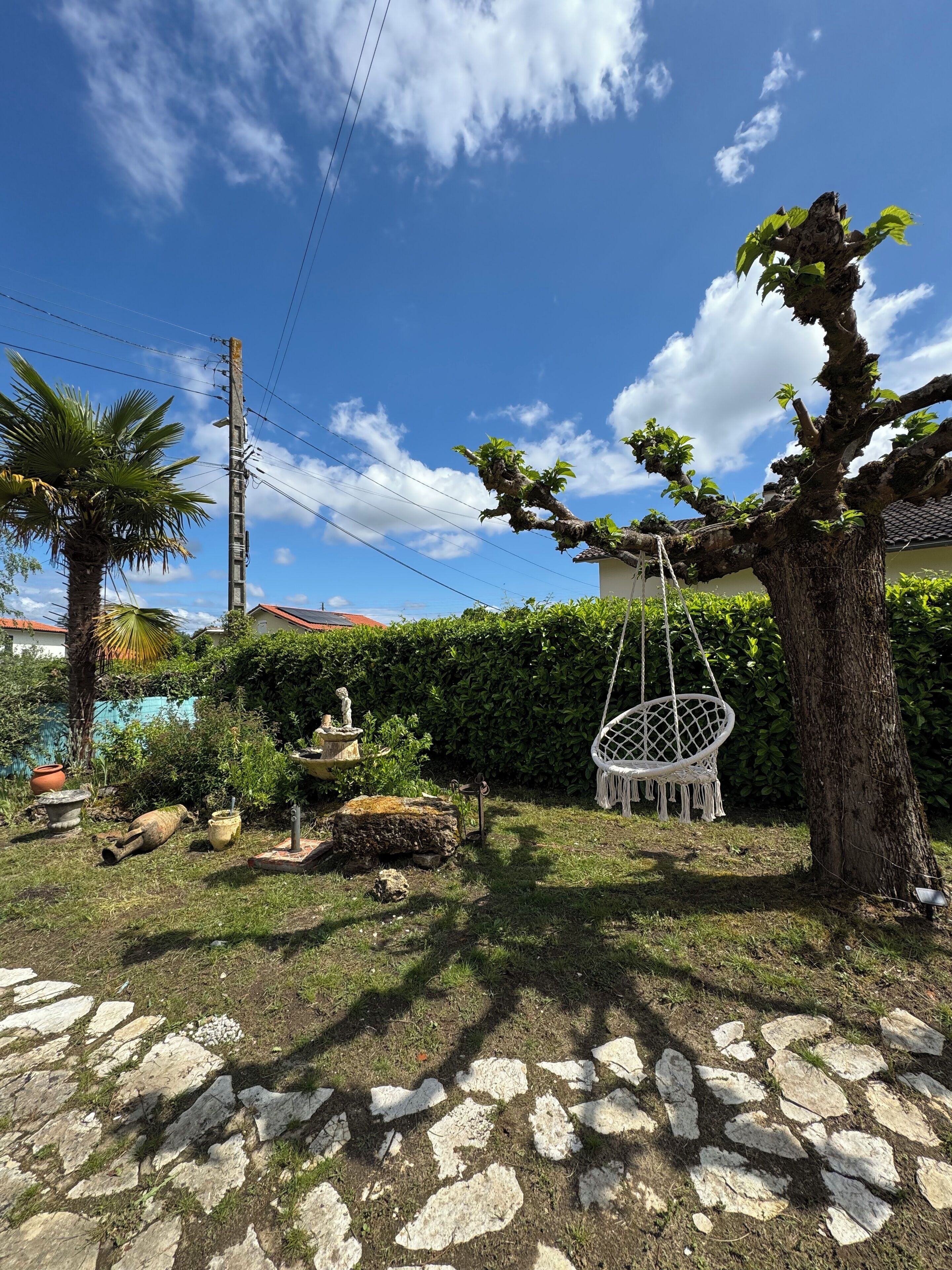 A garden with a stone pathway, a hanging chair, and a tree with green leaves.