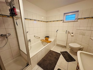 Hair dryer, towels, soap, toilet paper