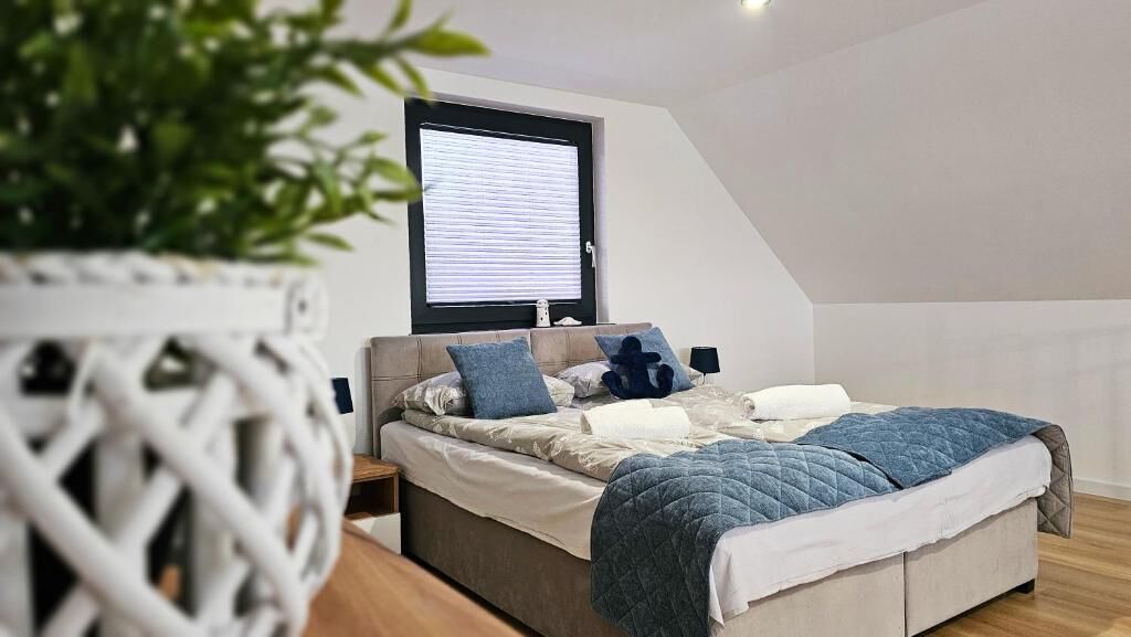 A bedroom with a bed, a window, and a plant.