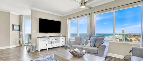 Condo, Multiple Beds, Balcony, Ocean View (Sapphire Shores) | Living area | 65-inch flat-screen TV with digital channels
