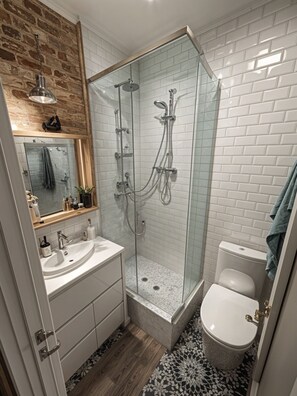 Douche, serviettes fournies, papier toilette