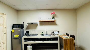 Fridge, microwave, stovetop, coffee/tea maker