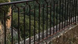 A scenic overlook with a metal railing, a road below, and a forested mountain in the background.