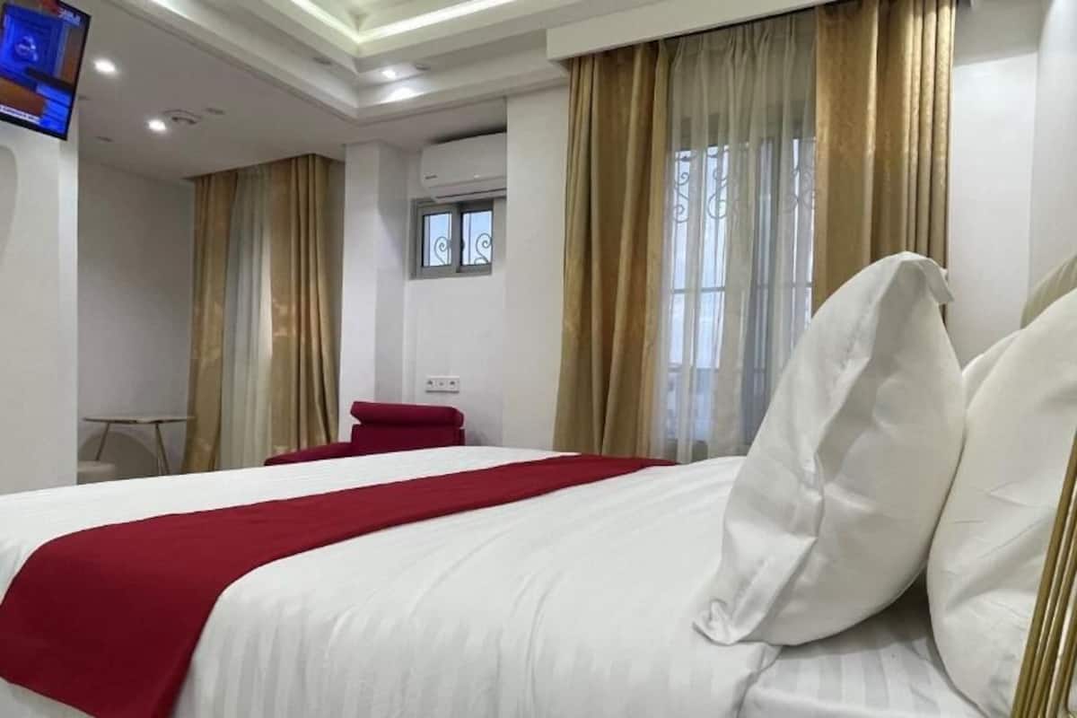 A hotel room with a large bed, a TV, and a window with curtains.