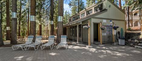 A lodge with a covered patio area, outdoor seating, and a view of tall trees.
