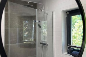 Shower, towels, toilet paper