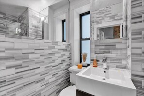 Shower, hair dryer, towels