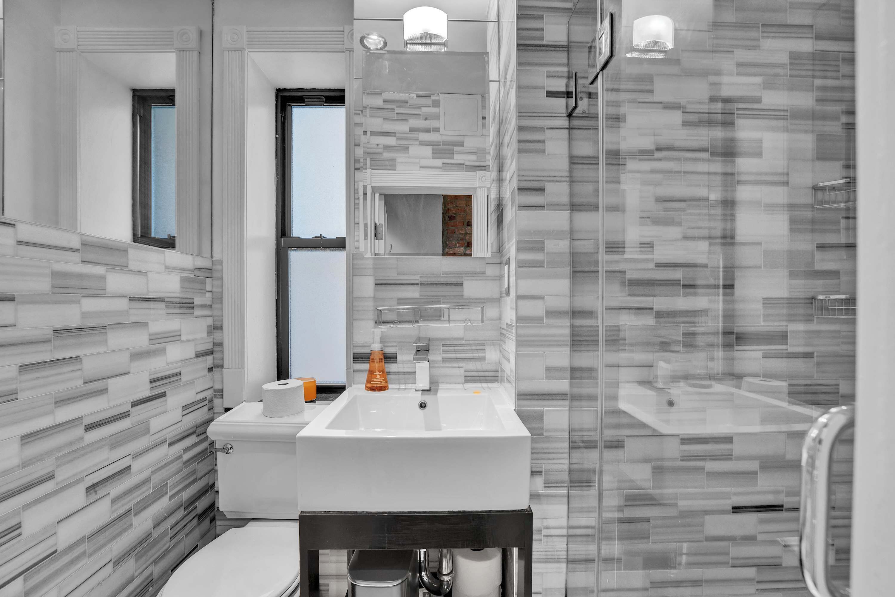 Shower, hair dryer, towels, shampoo