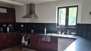 Une cuisine moderne avec des meubles en bois foncé, une hotte de cuisine en acier inoxydable, un lave-vaisselle et une fenêtre laissant entrer la lumière naturelle.