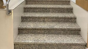 Een hotel lobby met een trap naar de verdiepingen, houten lambrisering op de muren, een receptiebalie en een kamerplant.