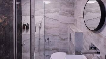 Shower, hair dryer, soap