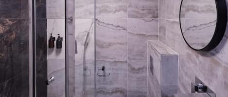 Shower, hair dryer, soap