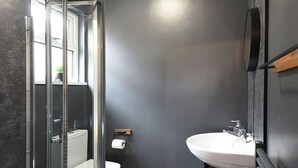 Une salle de bain avec une douche à parois de verre, des toilettes blanches, un lavabo blanc et un mur de couleur sombre.