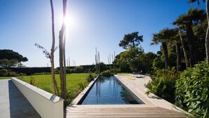 A rectangular pool with a wooden deck and a white wall on one side, surrounded by greenery and trees.