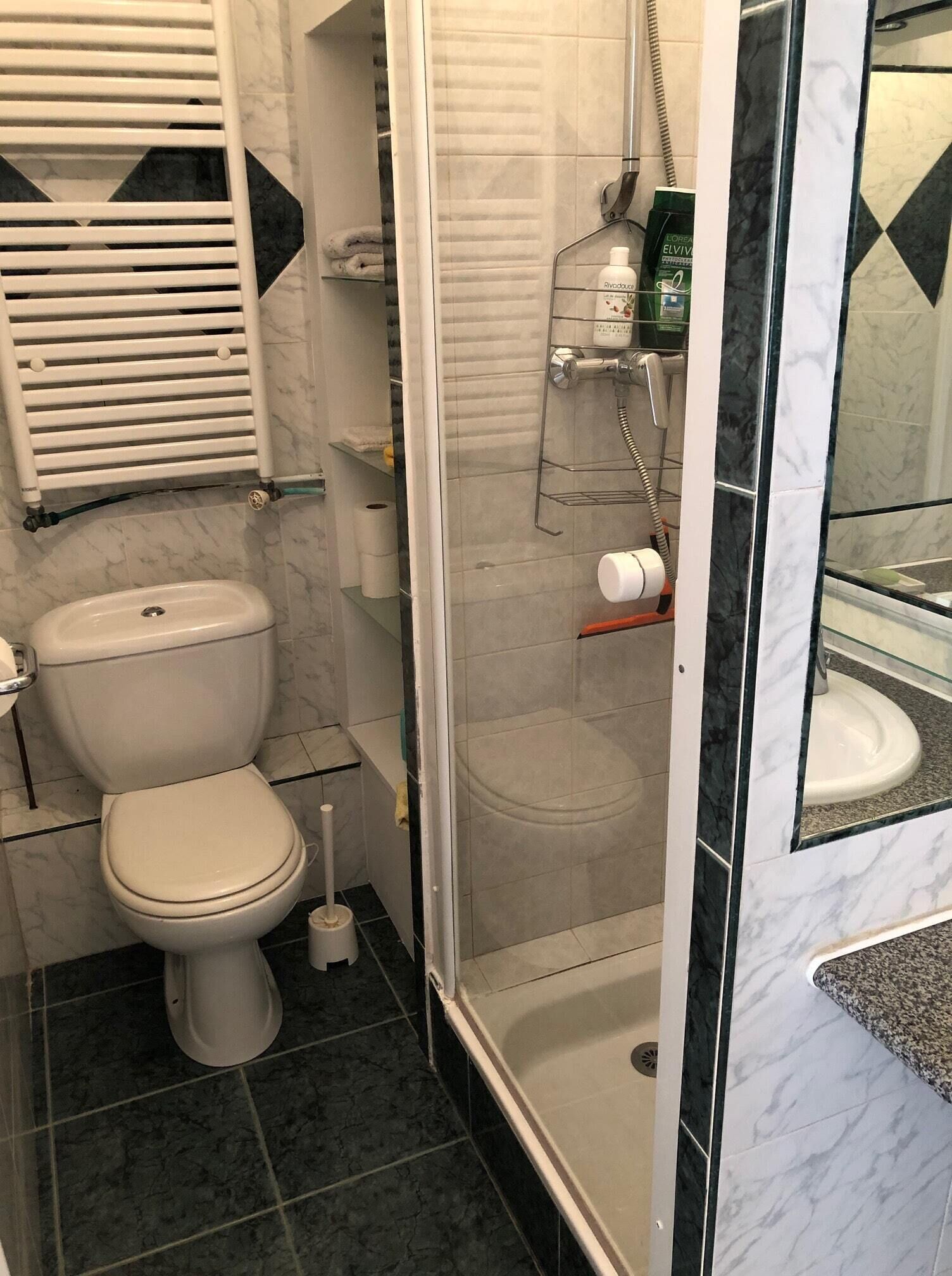 A bathroom with a toilet, a shower enclosure, and a marble-tiled wall.