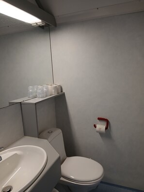 Habitación básica con 2 camas individuales, vistas al patio | Baño | Toallas y jabón