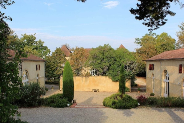A courtyard with two buildings, a central tree, and a gravel path.