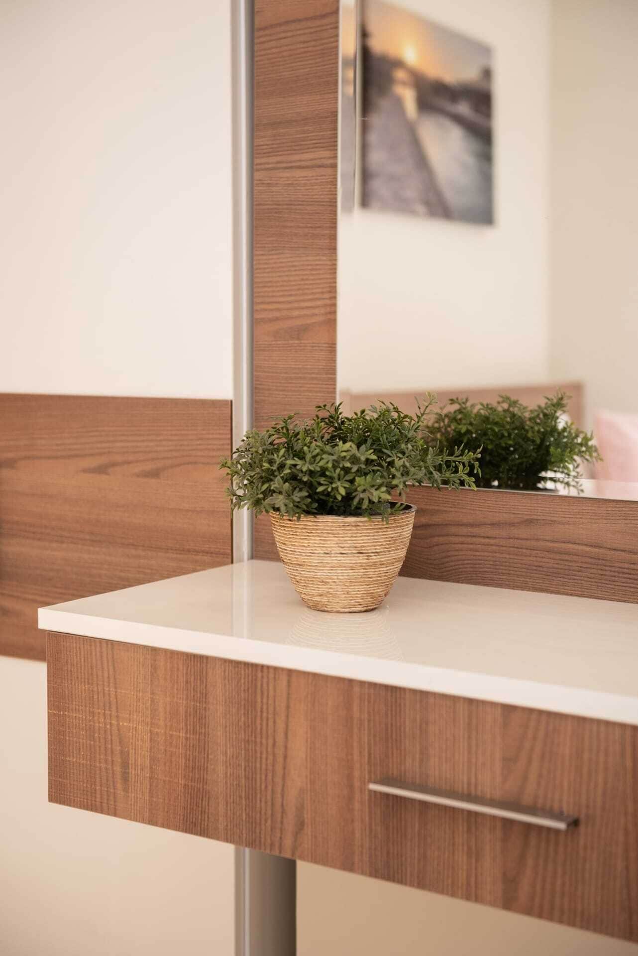 A bathroom vanity with a woven basket containing a green plant, a wooden panel, and a mirror with a framed picture.
