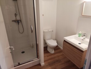 Douche, sèche-cheveux, serviettes fournies, papier toilette