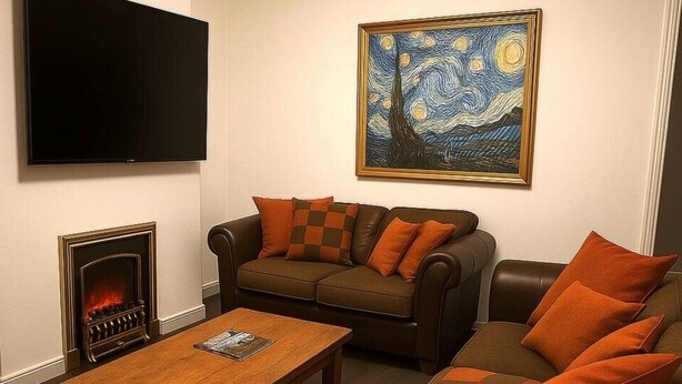 Una sala de estar con chimenea, un conjunto de sofás, una mesa de centro y un televisor de pantalla plana montado en la pared.