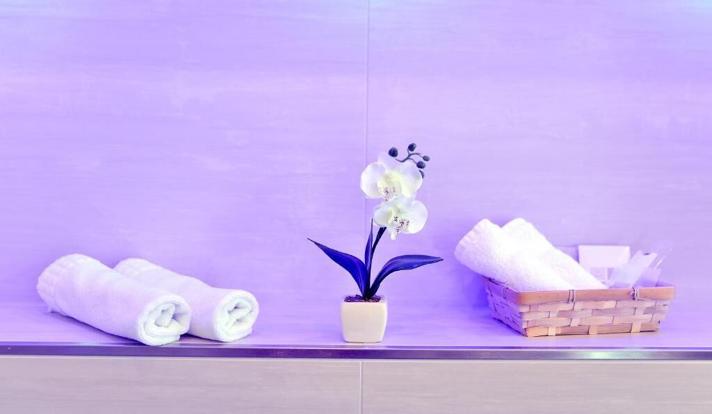 A bathroom with a purple wall, a potted orchid, rolled towels, and a wicker basket.