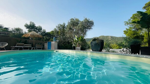 Une piscine aux eaux cristallines, dotée de chaises longues et d’une petite construction avec une porte bleue.