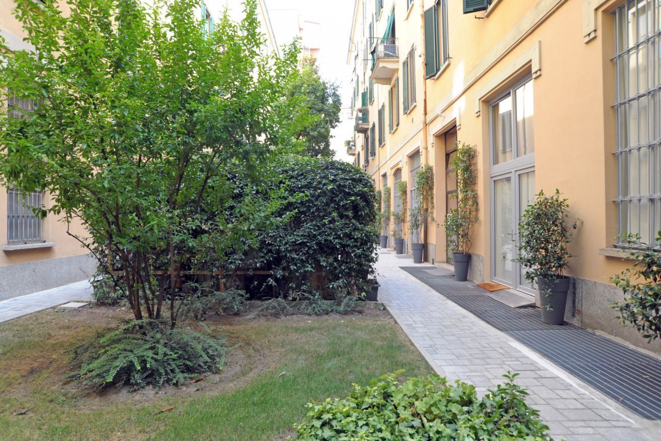 A courtyard with a tree, potted plants, and a pathway between buildings.