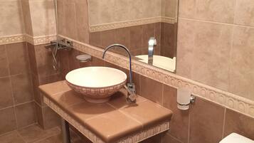 Hair dryer, towels, soap, toilet paper