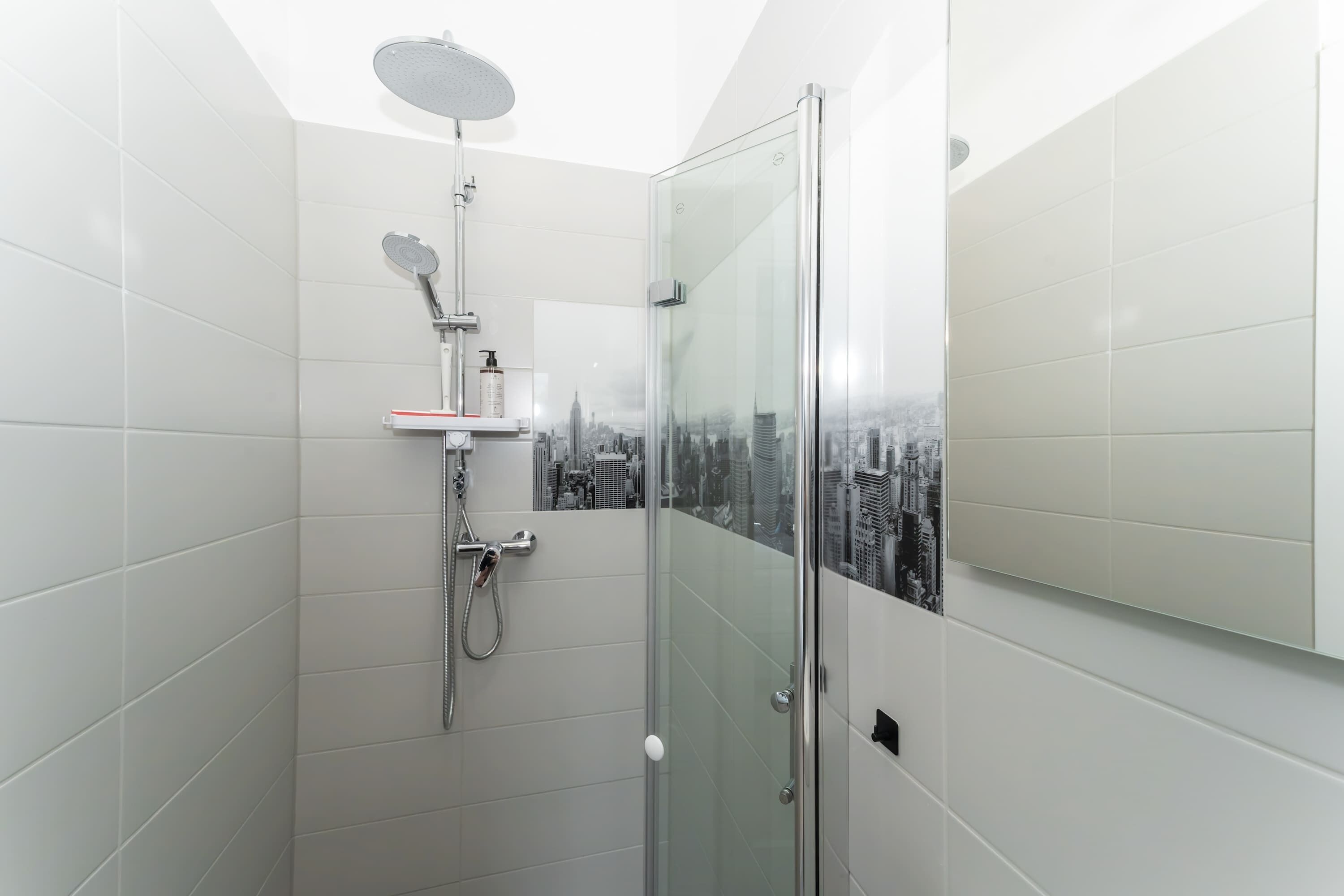 Dusche, Haartrockner, Handtücher, Shampoo