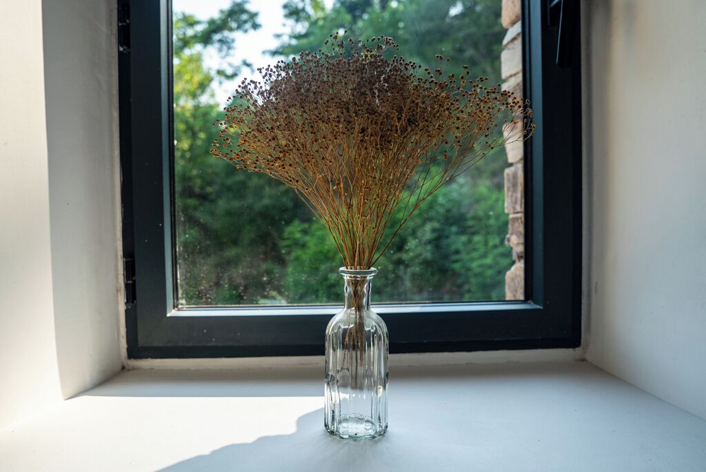En genomskinlig glasvas med torkade blommor stående på en fönsterbräda.
