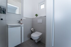 Shower, hair dryer, towels, shampoo
