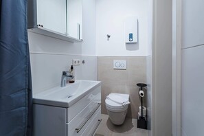 Shower, hair dryer, towels, shampoo