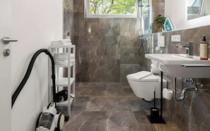Shower, hair dryer, towels