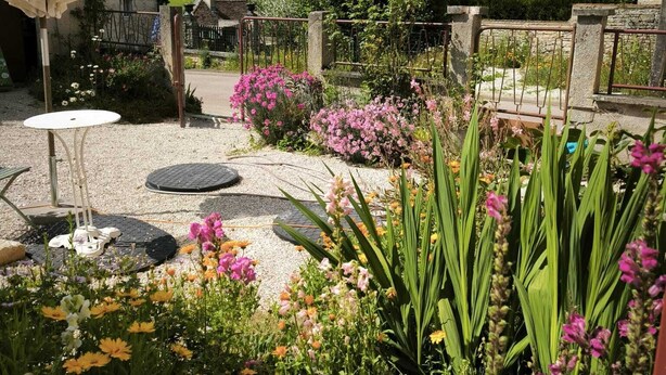 A garden with a variety of flowers and plants, a small table, and a pergola.