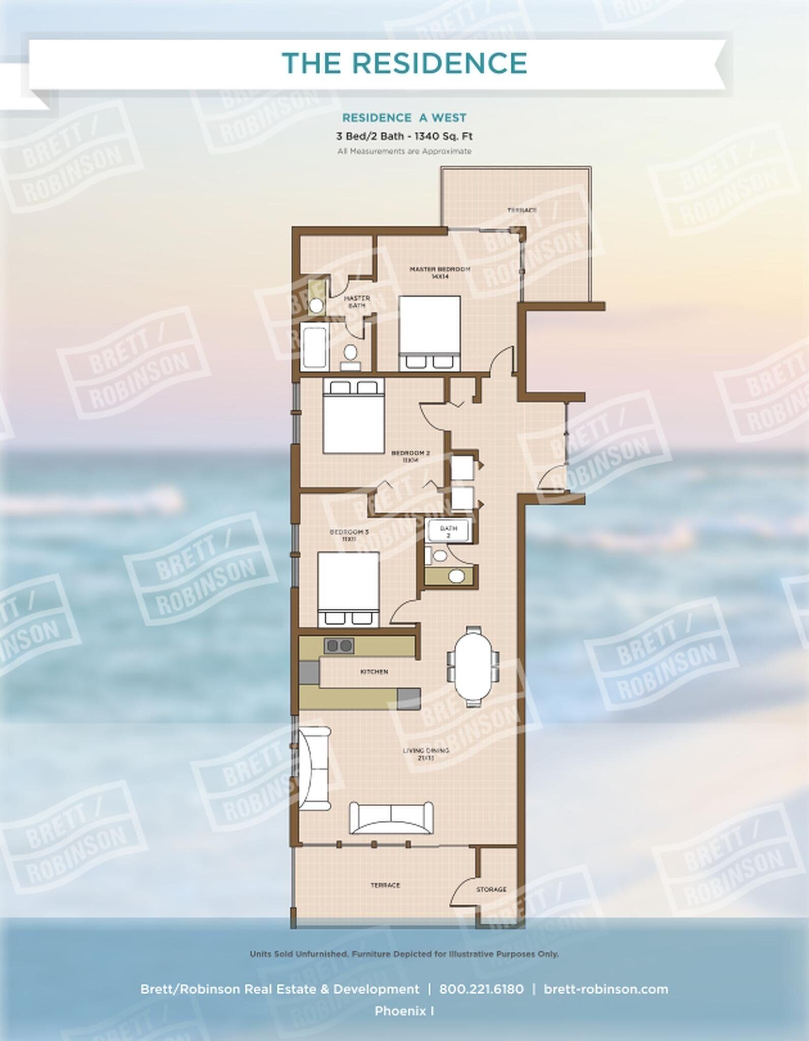 Een plattegrond van een woonhuis met drie slaapkamers en twee badkamers, met een terras, keuken, woonkamer en bergruimte.