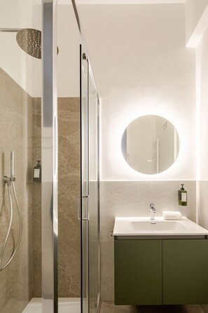 Shower, hair dryer, bidet, towels