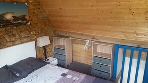 1 bedroom, desk, iron/ironing board, travel cot