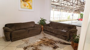 A living room with two brown sofas, a cowhide rug, a potted plant, and a framed picture on the wall. - Hotel Village (Pato Branco)