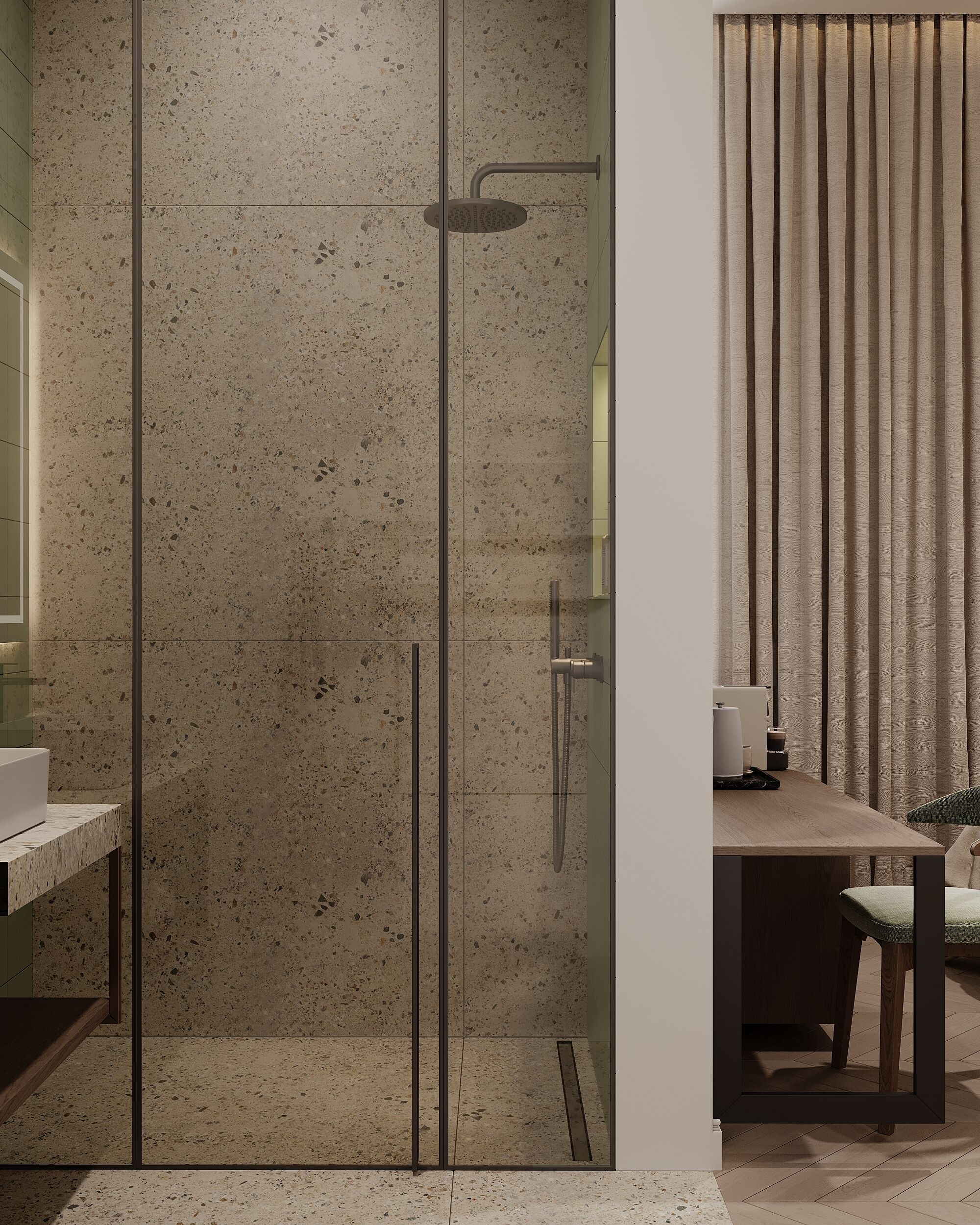 Ein modernes Badezimmer mit Dusche, Waschbecken und Tisch mit Stühlen.