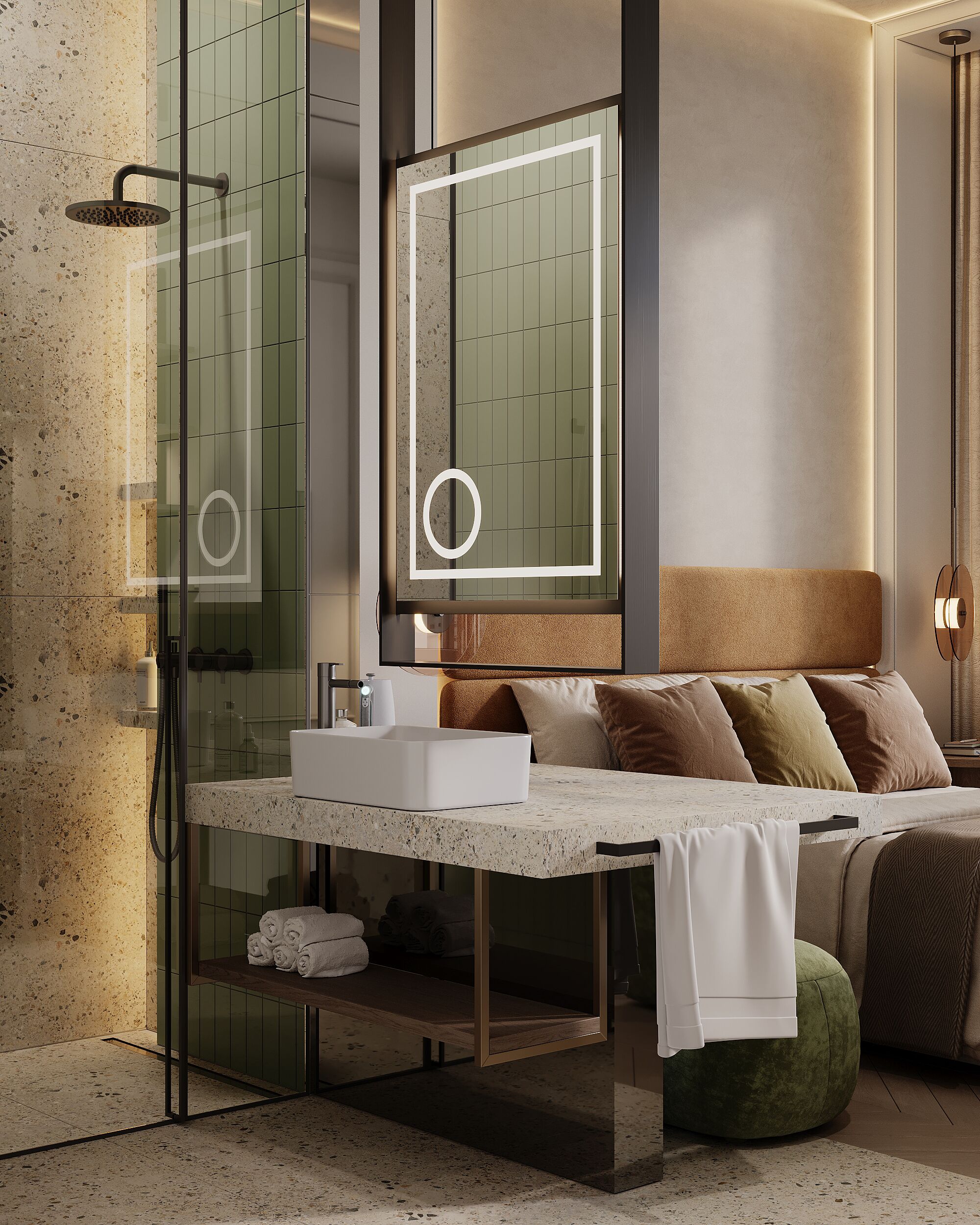 A modern bathroom with a glass shower enclosure, a large mirror, and a bedside table with a towel.