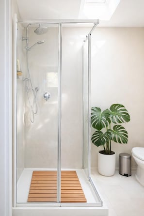 Shower, jetted bath, hair dryer, towels