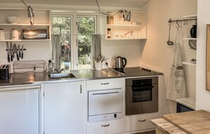 Fridge, stovetop, dishwasher, coffee/tea maker