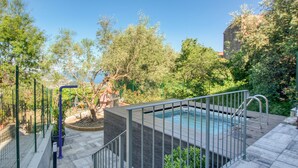 Ein Poolbereich mit Holzterrasse, Metallgeländer und umliegendem Grün.