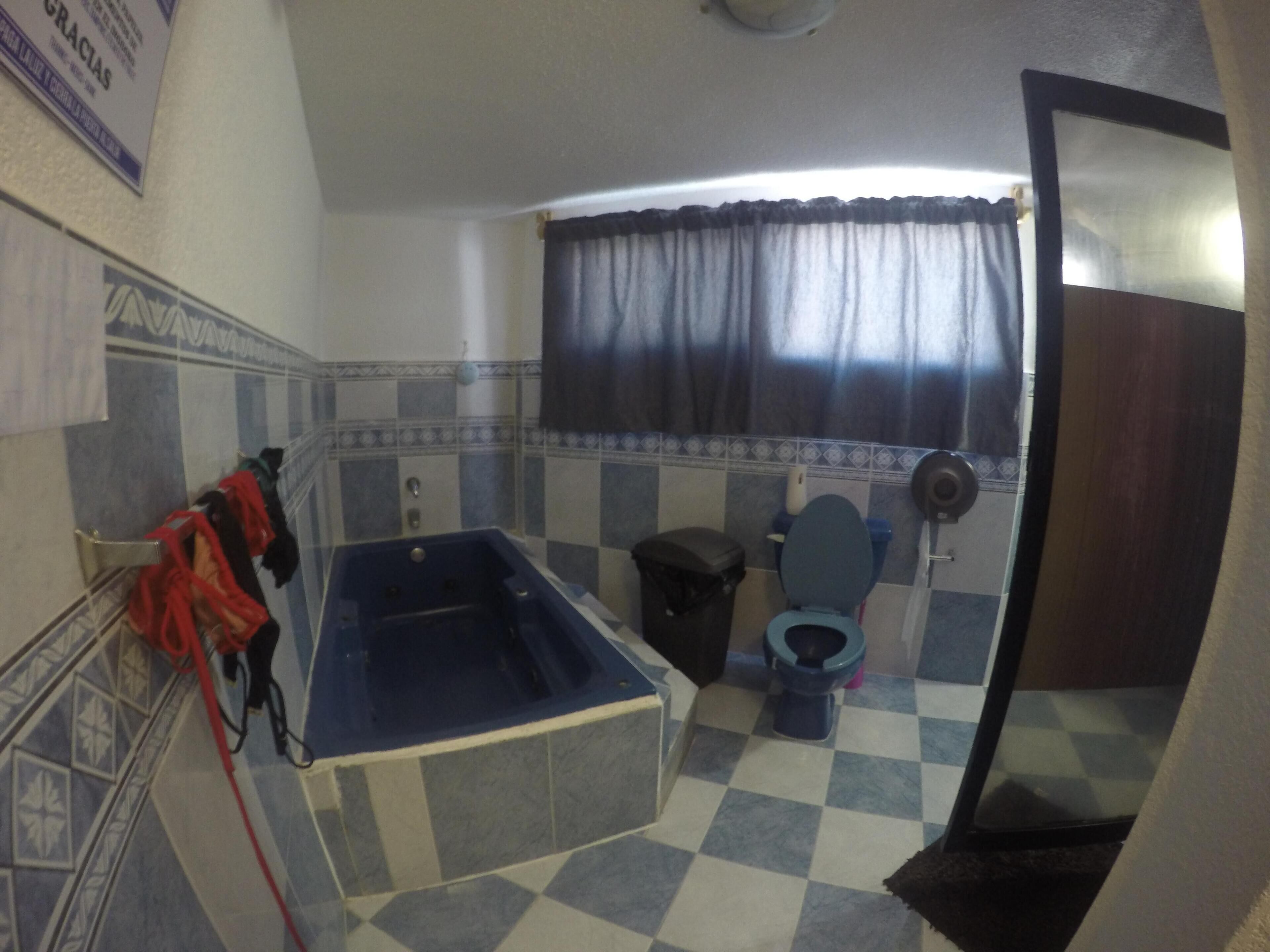 Ein Badezimmer mit Badewanne, Toilette und Duschbereich.