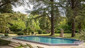 A rectangular swimming pool with a tiled edge, surrounded by a stone deck and steps leading into the water.